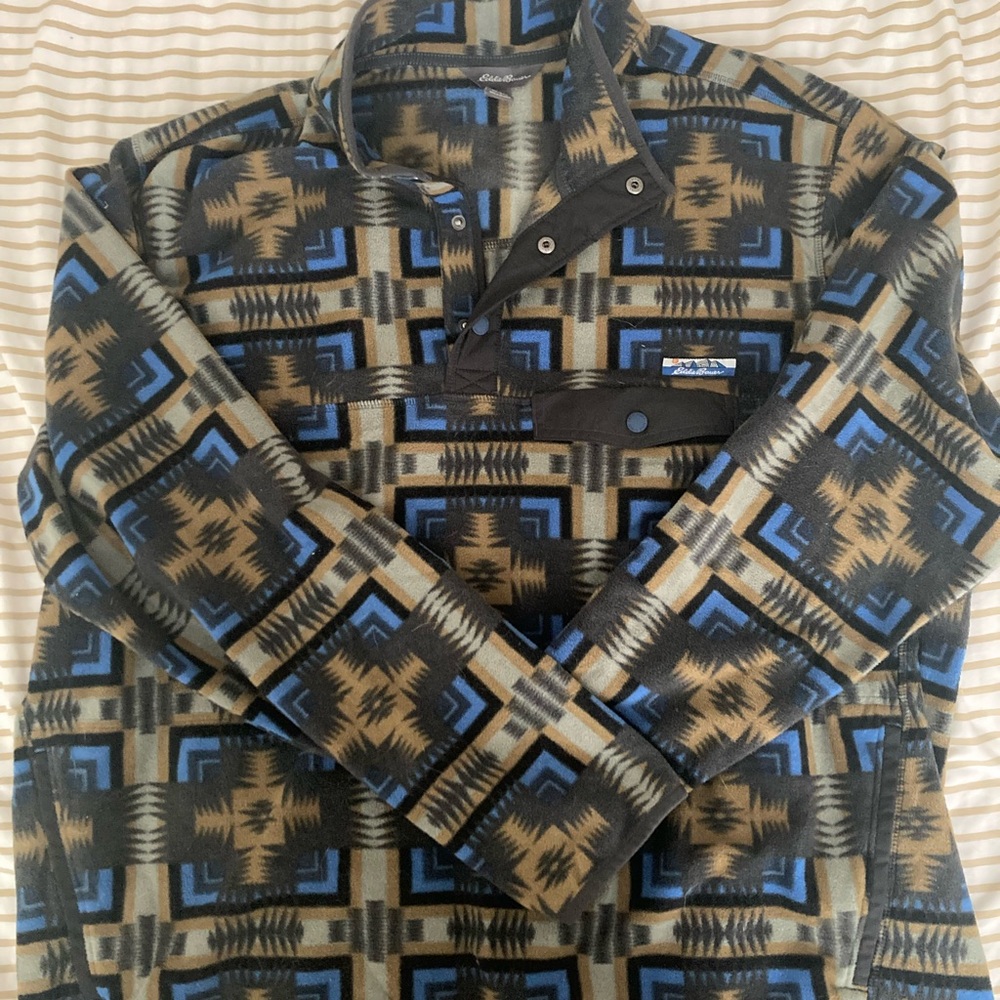 Eddie Bauer Men’s Pullover Fleece Jacket - Black/Brown/Blue Geometric
